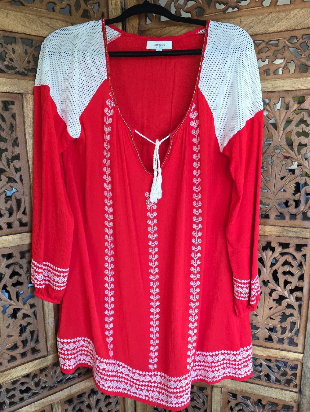 Umgee Red Mini Dress with White Embroidery